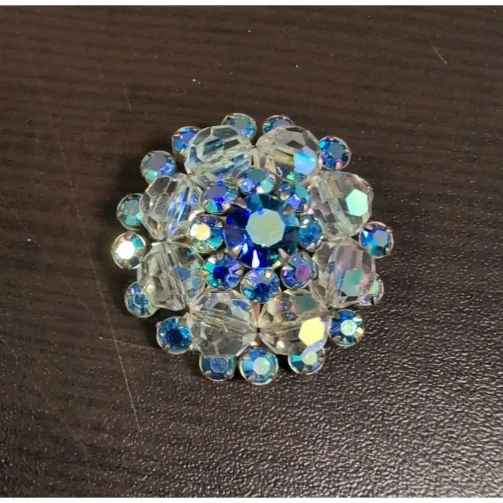 Vintage Blue Aurora Borealis Rhinestone Crystal Bead Flower Brooch Silver Tone